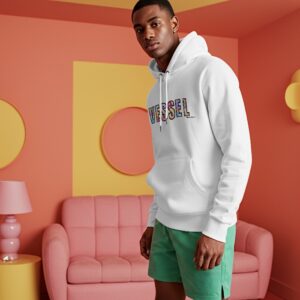 Vessel Colorblock Letter Hoodie — Bright Graphic Pullover for Casual Wear
