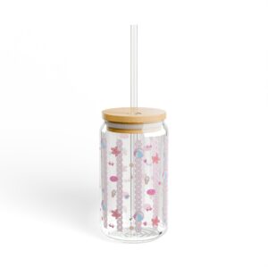 16oz "A Girl's Summer" Sipper Glass – Beach-Inspired Pattern Cup with Bamboo Lid & Straw